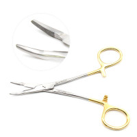 Stratte needle holder, 9'',double bend, curved, serrated TC jaws, gold ring  handle